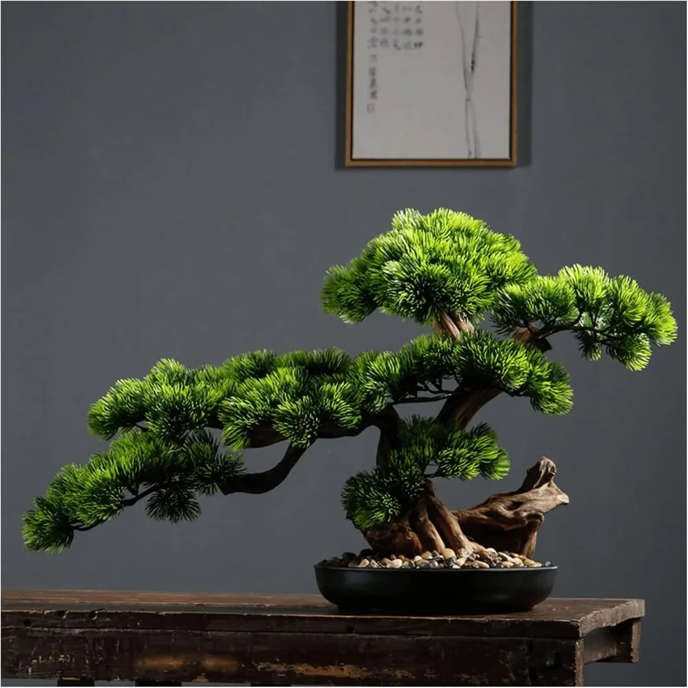 Artificial Bonsai Tree 17 Inches Artificial Bonsai Pine Tree，Realistic Fake Plant Decoration, Potted Artificial House Plants,