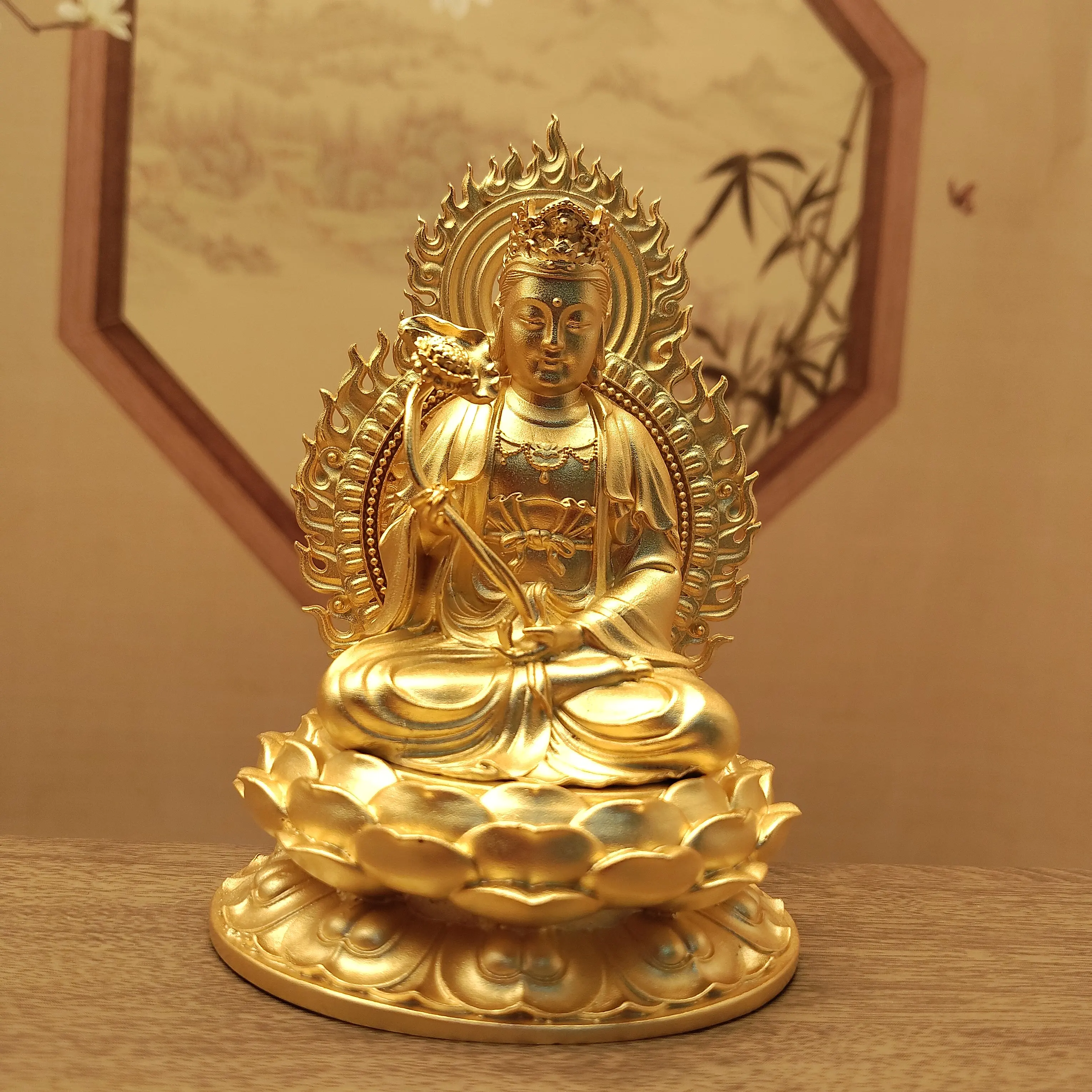 Brass Mahasthamaprapta Bodhisattva Eight Protectors Statue 10cm Home Office Living Room Altar Blessing