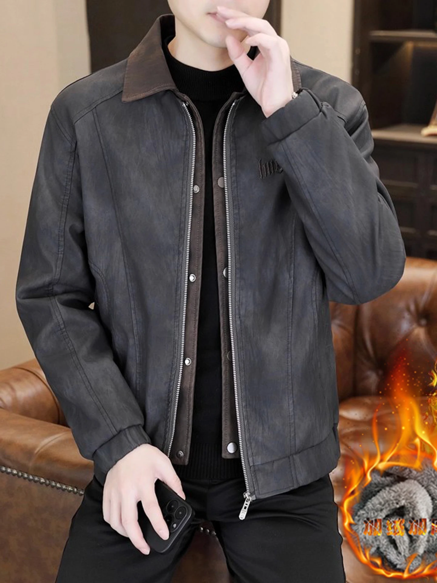 

Мужская модная куртка из искусственной кожи, зима 2025, новая модель, с воротником-стойкой, теплая, на флисовой подкладке, с молнией, в стиле хип-хоп