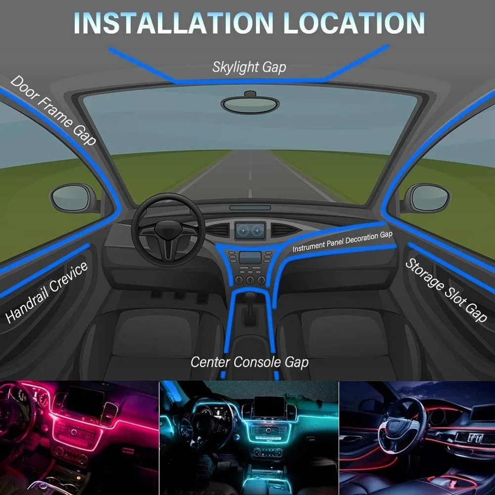 5IN1 6IN1 Neon LED Car Interior Ambient Light Fiber Optic EL Wire Strip Light App USB RGB Auto Accessories LED Decorative Lamp