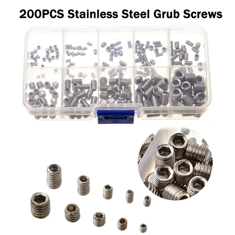 200Pcs M3 M4 M5 M6 M8 304 Stainless Steel Grub Screws Hex Socket Screw Assortment Hexagon Screws Flat Point End Grub Bolt Set