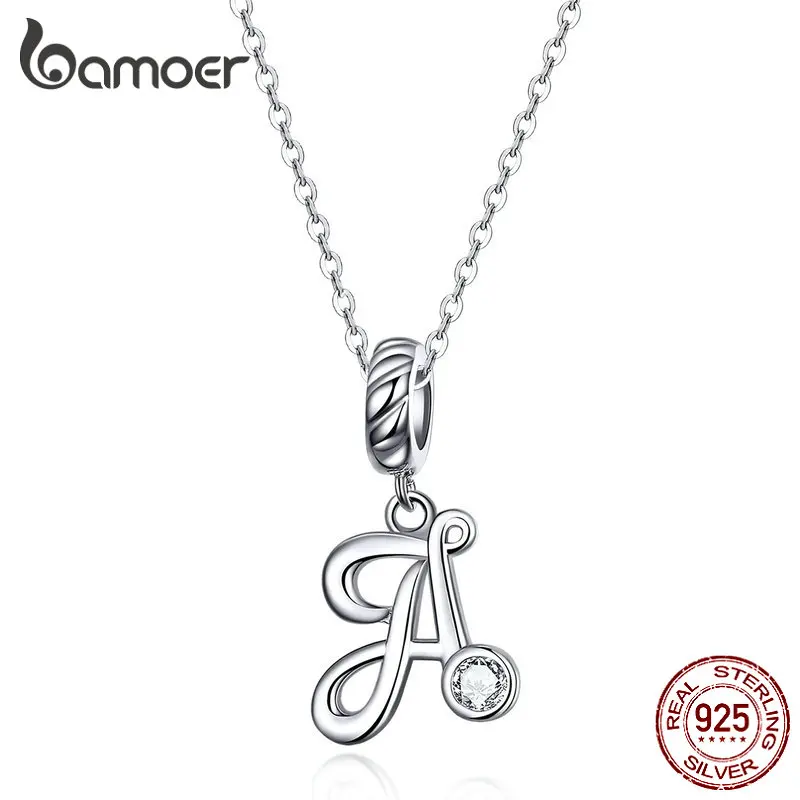 

BAMOER 925 Sterling Silver Letter Charm Necklace Vintage A to Z CZ Alphabet Letters Beads Neck Chain Fashion Birthday Jewelry