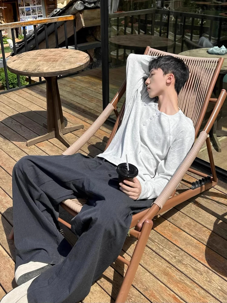 American Slouchy Henley Long Sleeve Tee Men Spring Fall Oversized Shirt Top Solid Gray Casual Base Layer Soft Lounge Tee