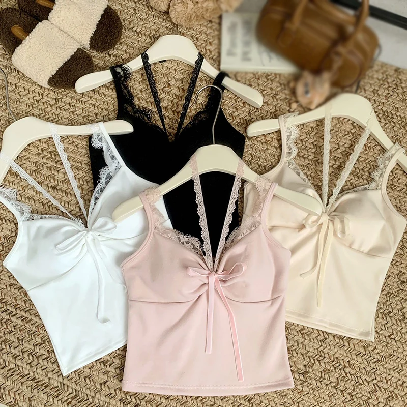 Women Camiso Lace Halterneck Bowknot With Chest Pads Tank Tops Sweet Underwear Base Top Solid Color Basic Tee Versatile