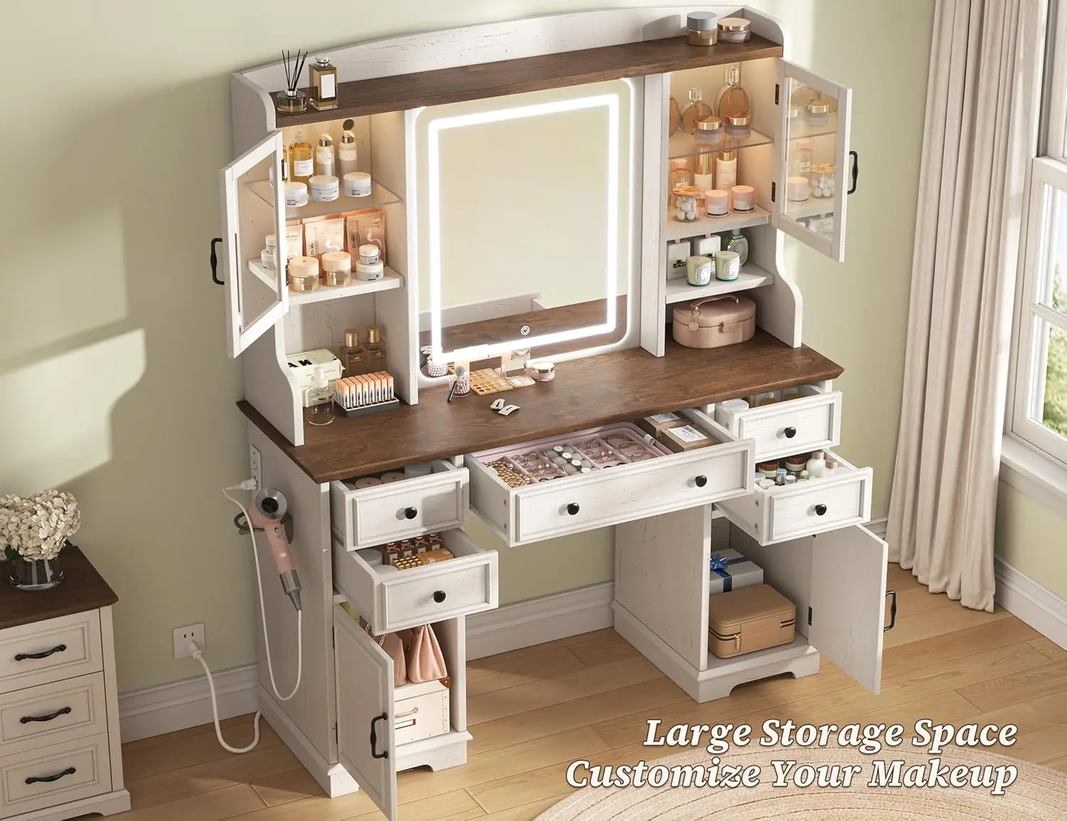 Enhomee Farmhouse Vanity Desk With Led Lighted Mirror, Makeup Vanity Table With Rgb Cabinets And Lots Storage, 5 Drawers And 6