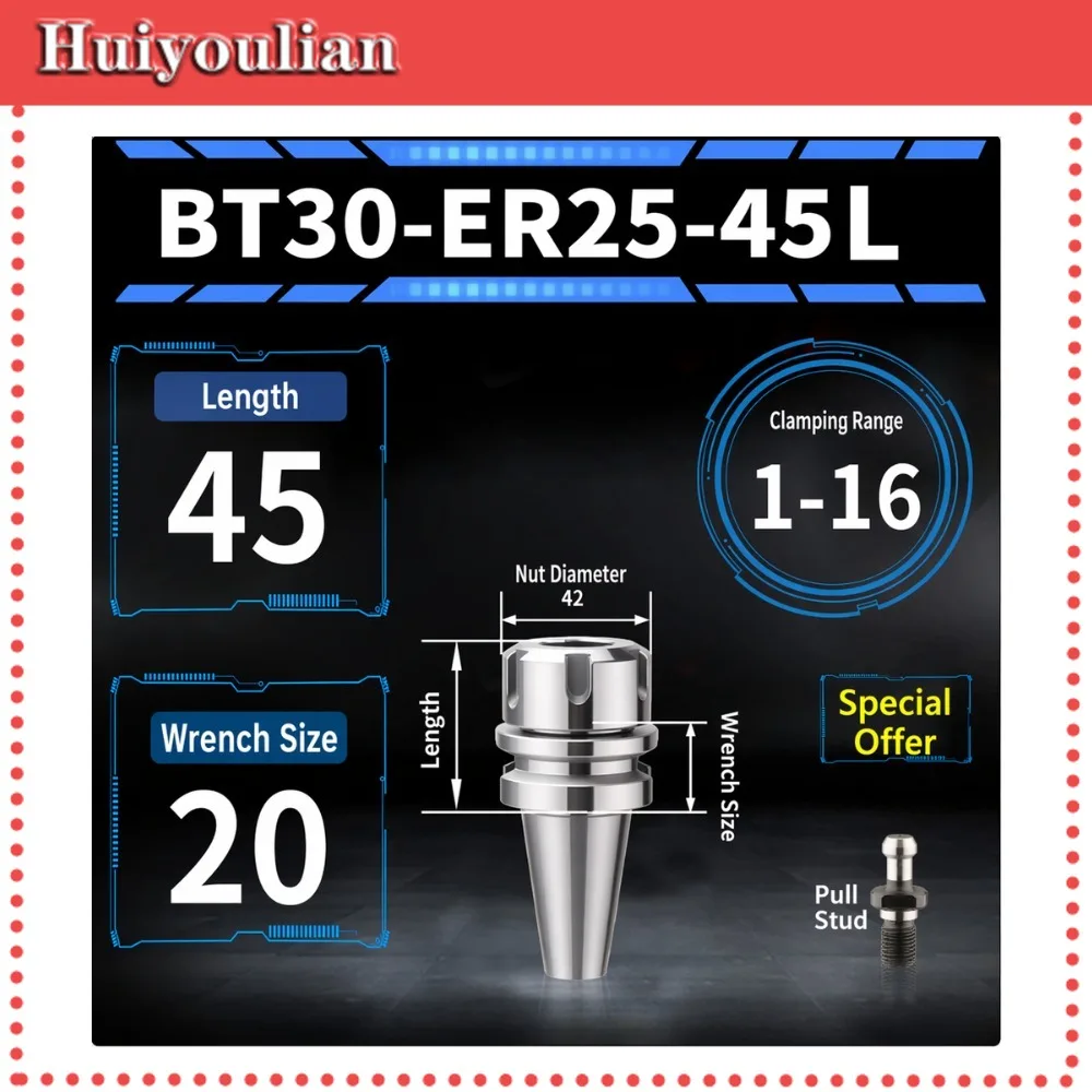 BT30-ER25 CNC Collet Chuck Holder 45mm Length 1-16 Clamping Range Milling Tool Holder Free Pull Stud
