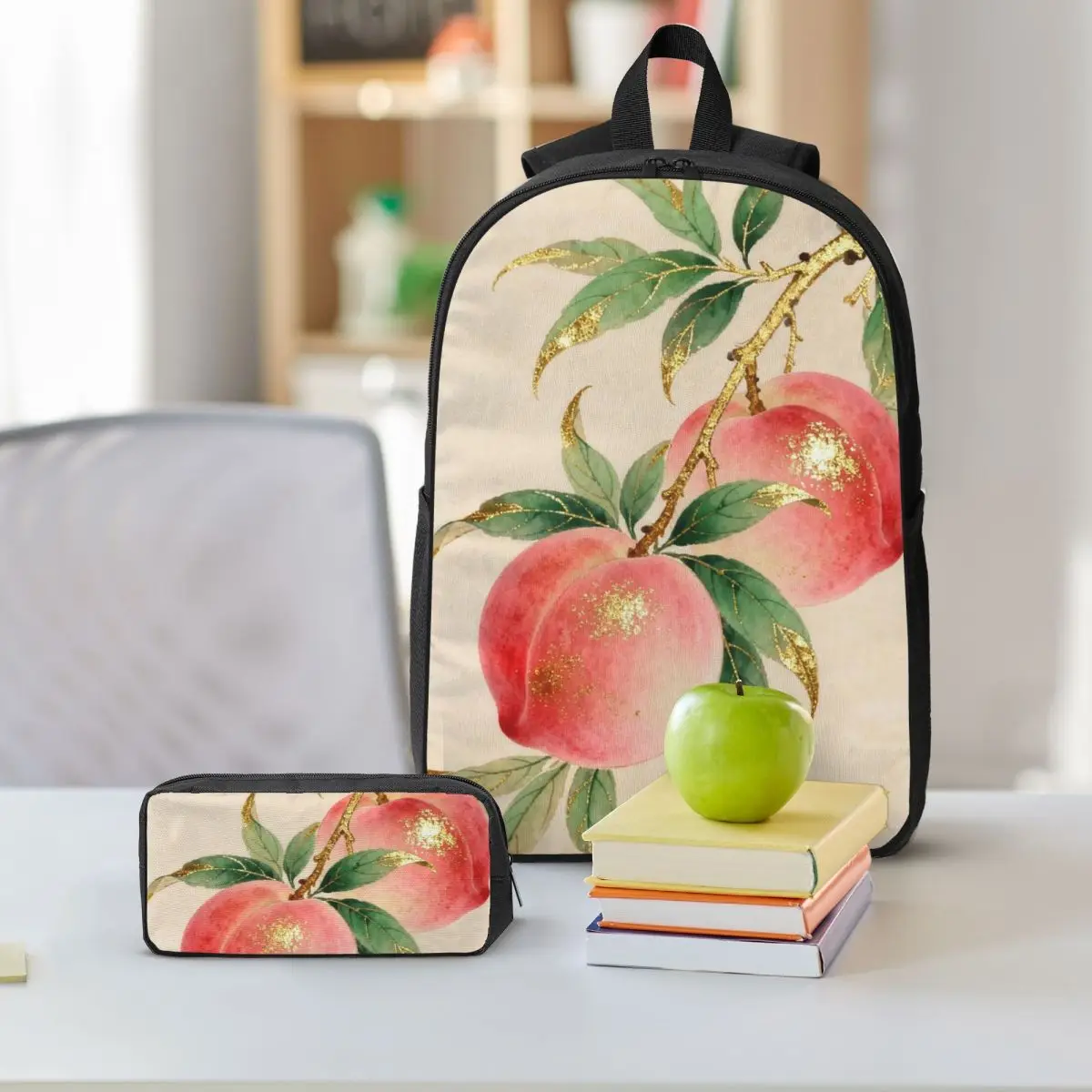 Elegant Floral And Peach Backpack Boys Girls BookBag School Bag Shoulder Bags 3ps Insulated Lunch Bag Pencil Case