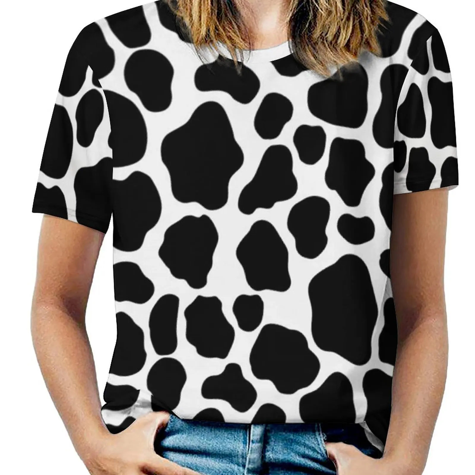 Black And White Cow Print T Shirt O Neck Cow Pattern Spots Animal Oversized T Shirts Casual Tees Women Summer Trendy Tops