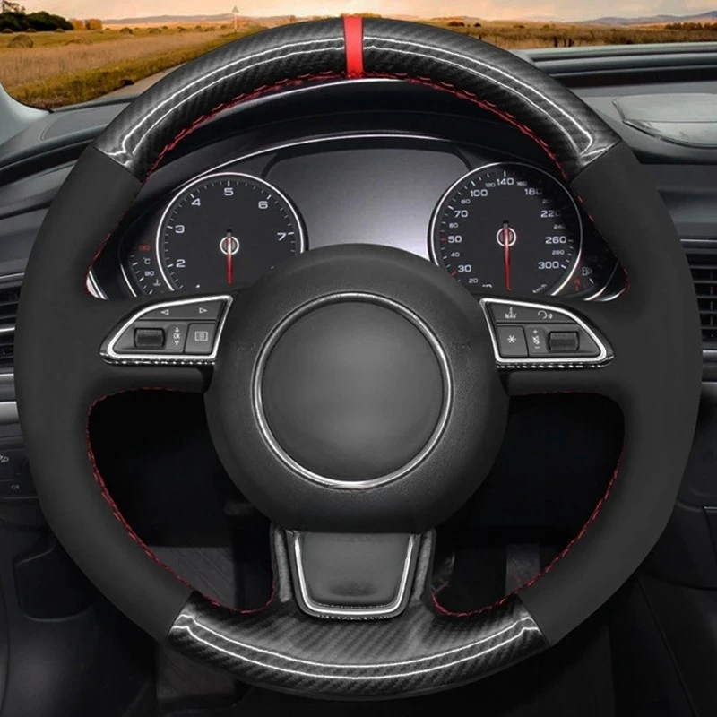 Car Steering Wheel Cover Black Carbon Fiber Suede For Audi A1 A3 A4 2015-2016 A7 2012-2018 S7 2013-2018 RS7 2014-2015