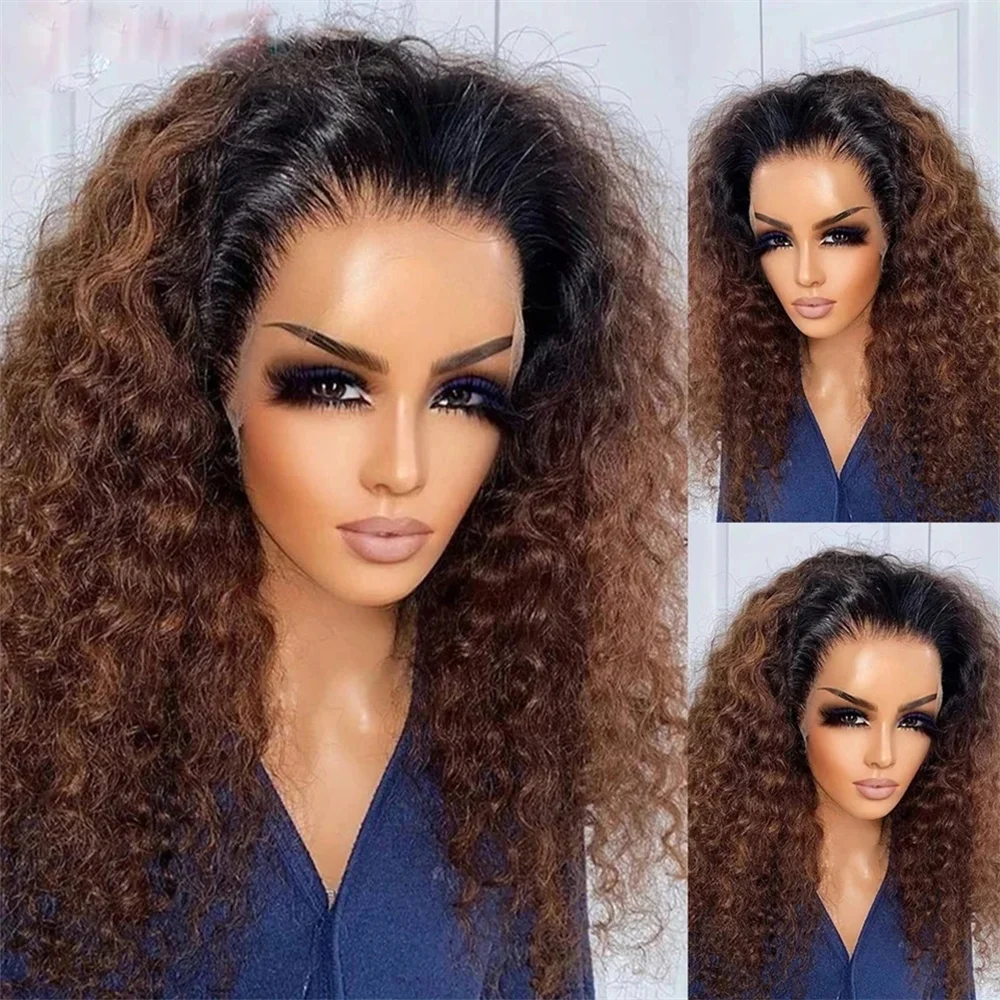 Soft Ombre Brown 180 Density 26 inch Kinky Curly Preplucked Long Hair Wig For Women Natural Hairline Wig With Afro Baby Hair image 2