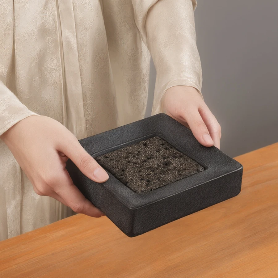 Tee-Tablett aus Naturstein, 15 cm, quadratisch, aus schwarzem Basalt, saugfähiger Teekannenhalter, Gongfu-Teezeremonie, Wabi-Sabi Zen Teegeschirr, Geschenk – Detail 12