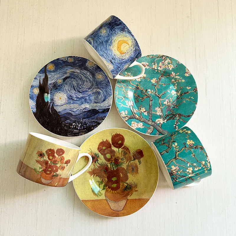 

Популярные кофейные чашки и тарелки в скандинавском стиле, роскошное творчество, высококачественные изысканные кофейные чашки Ван Гога, десертные тарелки