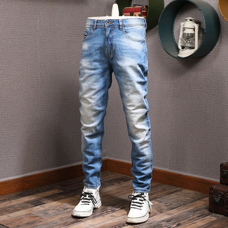 Fashion Designer Men Jeans Retro Blue Elastic Slim Fit Ripped Jeans Men Vintage Casual Trousers Korean Style Denim Pants Hombre