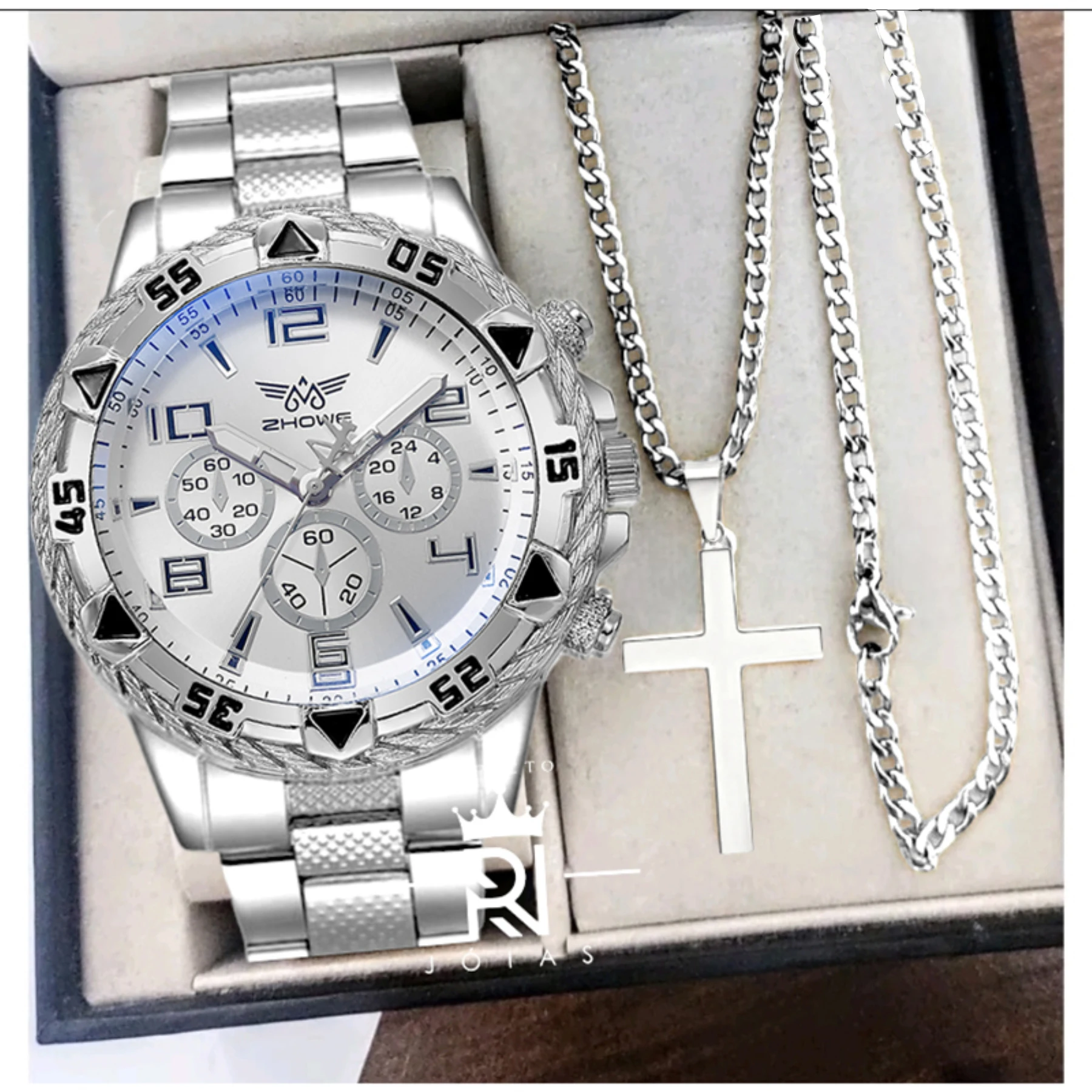 Men\'s Watch Set + Necklace with Cross Fashion Casual Stainless Steel Three-dial Quartz Watch Fathers Day Graduation Gift Set