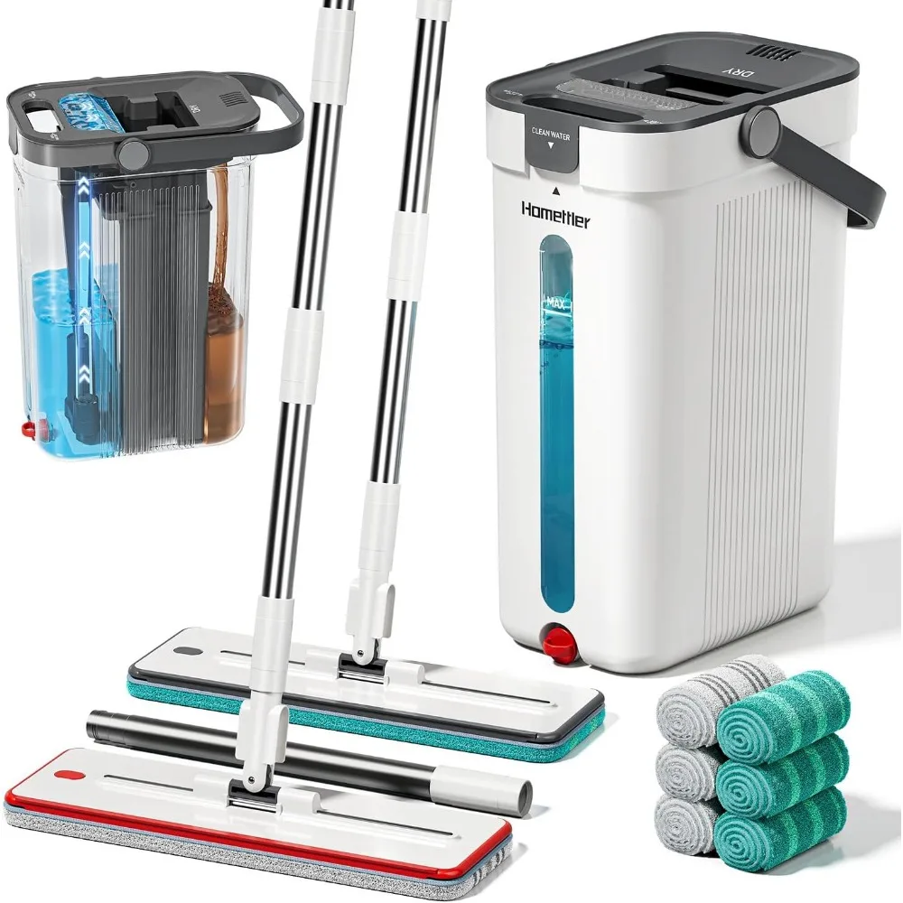 

Triple Tank Flat Mop Bucket with Dual Dirty Clean Water Separation and Six Reusable Pads for Wall and Floor Cleaning