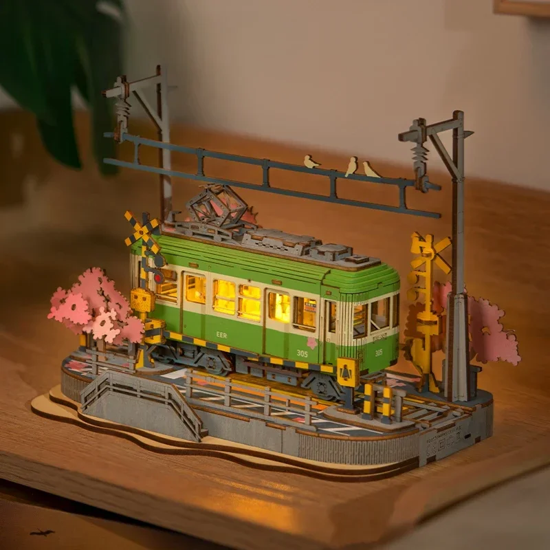 Wooden Handmade Building Blocks Assembled Tram Three-dimensional Jigsaw Model Decoration Girl Gift Decoration Collection