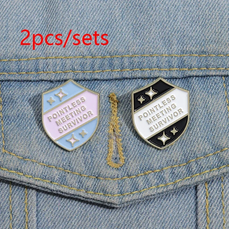 2pcs/set Pointless Meeting Survivor Shield Enamel Pin Workplace Achievement Creative Brooches Backpack Lapel Badge Office Gift