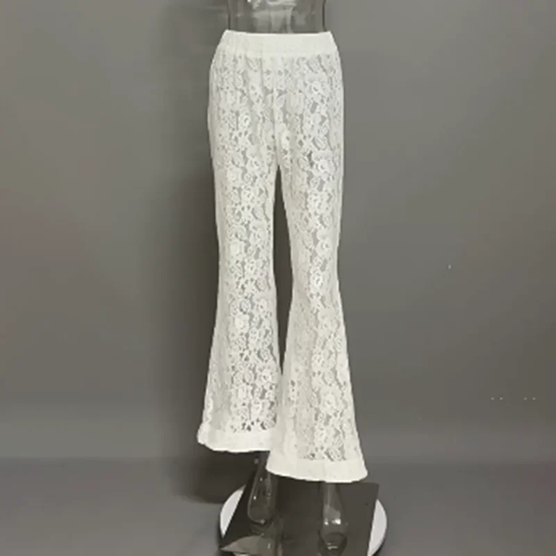 กางเกงขายาวทรงบานลายลูกไม้ผ้าแจ็คการ์ดสำหรับผู้หญิง ลายดอกไม้ฉลุลายเซ็กซี่ แฟชั่นฤดูใบไม้ร่วงใหม่ เอวสูง กางเกงทำงานสำหรับสุภาพสตรี