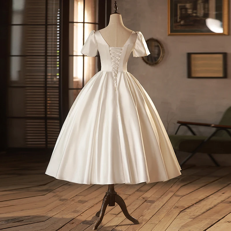 AnXin SH principessa bianco raso innamorato perline bottone una linea manica corta a sbuffo abito da sera personalizzato abitino bianco