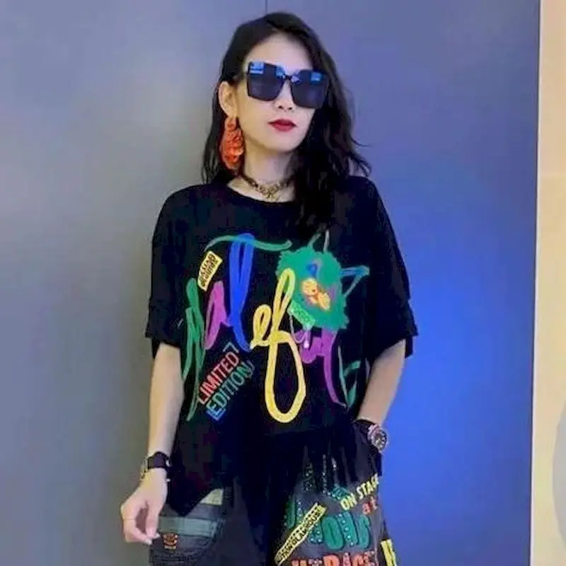 Cotton T Shirts Women Personalized Printed Irregular Design T-shirt Casual Loose Short Sleeve Tops 2024 Summer Trend Tshirt Y2k