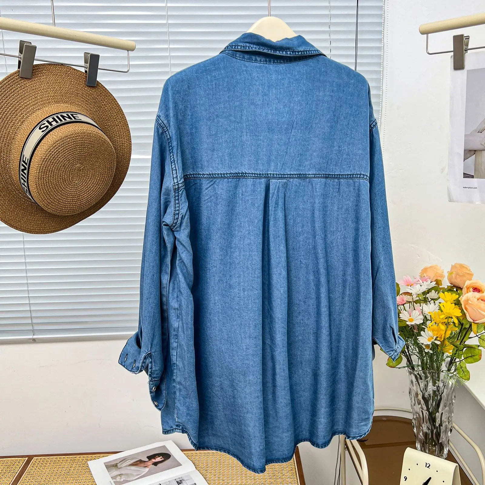 Simple Mid-length Lyocell Denim Shirt Women Plus Size Autumn Winter Casual Clothing Drop Sleeve Blouses Tops E21 K388