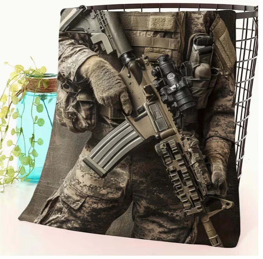 Military Beach Towel Absorbent Sandproof Towel with Tactical Soldier Cat Design Microfiber for Pool Funny Army Pet Lover Gift