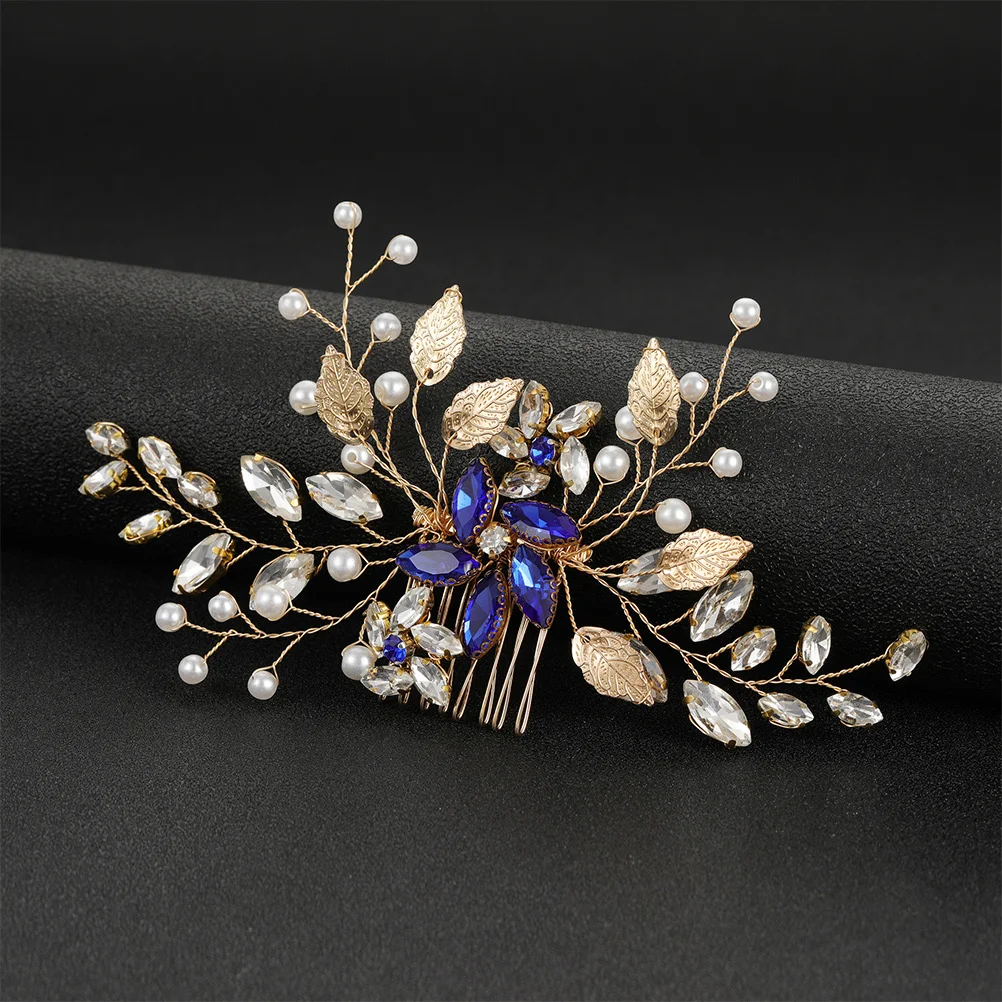 مشط شعر من حجر الراين باللون الأزرق اللؤلؤي أنيق لحفلات الزفاف وحفلات الزفاف وحفلات التخرج للفتيات على شكل زهرة العروس وغطاء الرأس