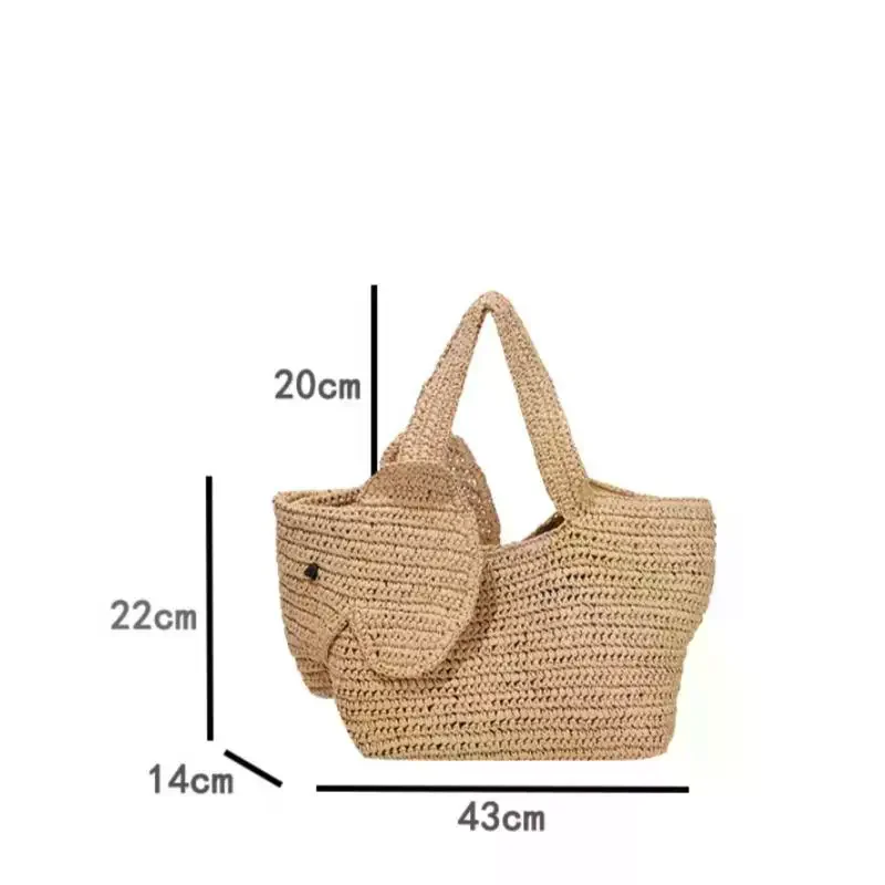 Bolsa de Palha Artesanal Grande Capacidade com Design de Elefante para Uso Diário, Praia e Lazer ao Ar Livre no Verão