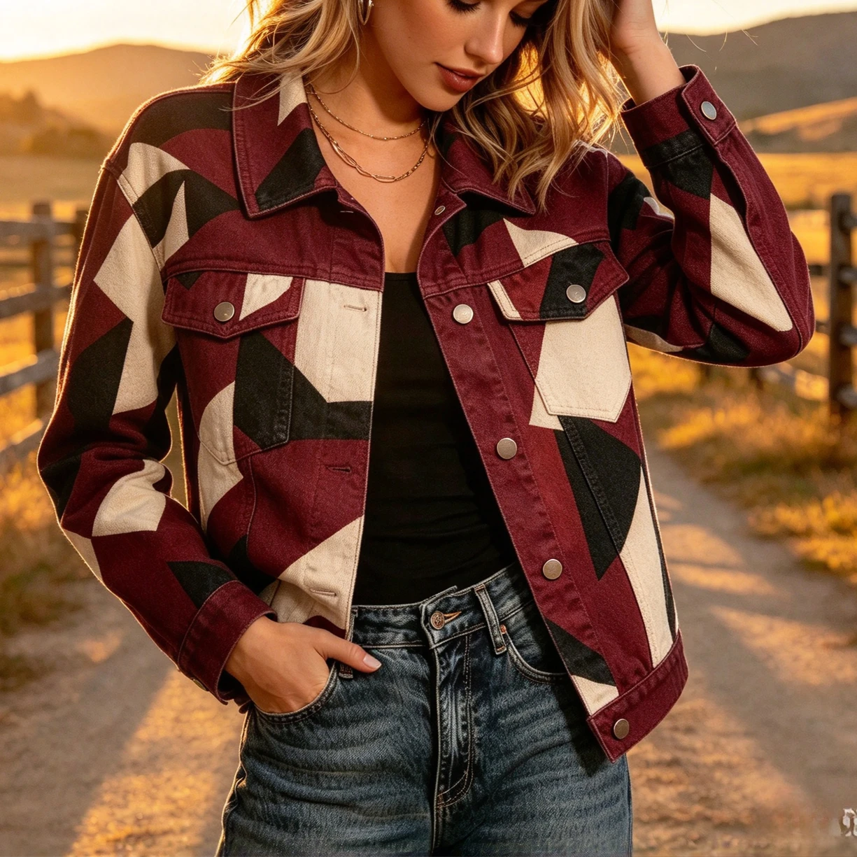 Women Vintage Geometric Print Cropped Jacket Cotton Lapel Button Down Trucker Jacket Long Sleeve Pockets Western Style Outerwear