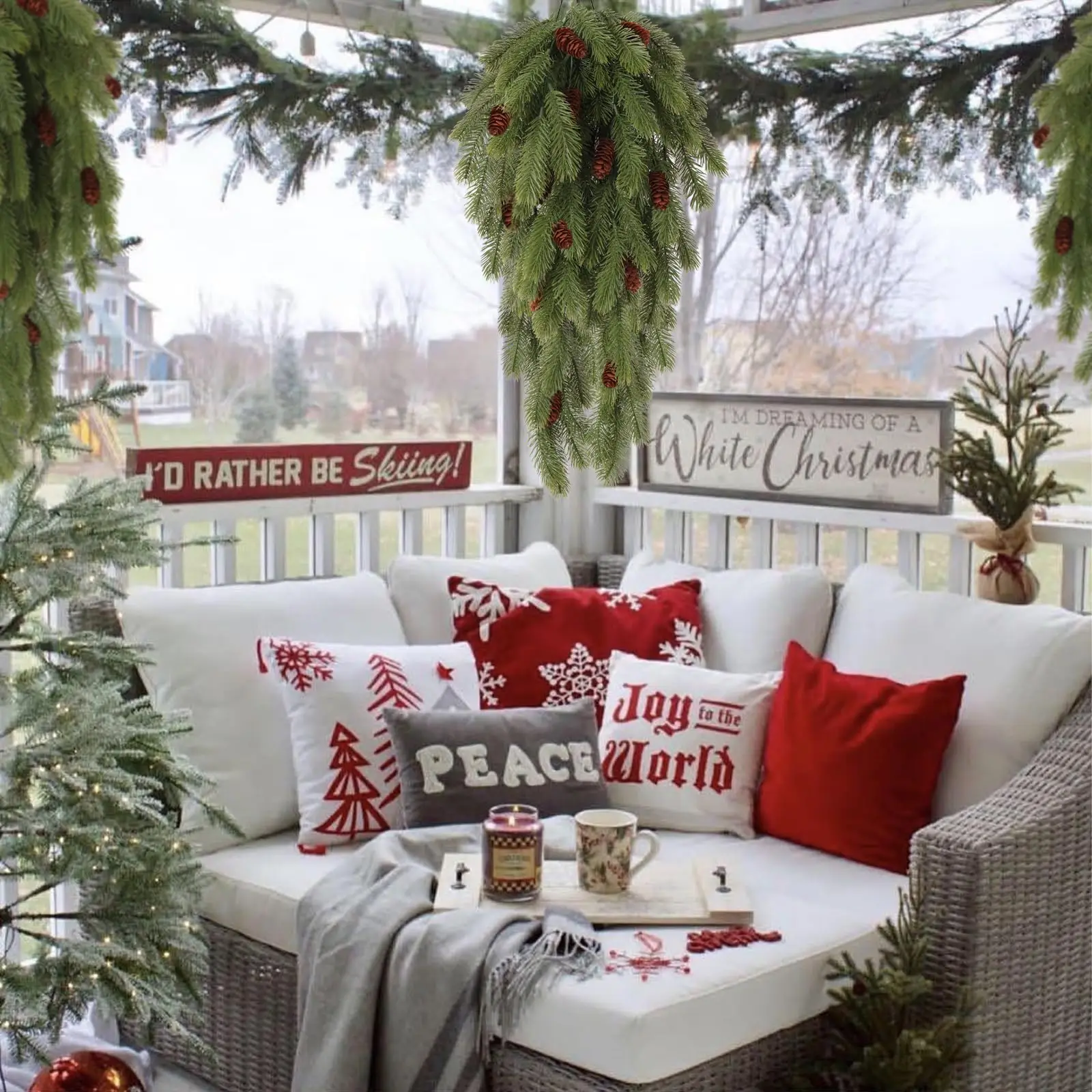 1 Stück künstliche Tannennadeln zum Aufhängen, Ranke mit künstlichem Tannenzapfen aus Kunststoff, künstliche Pflanzen für Weihnachtsfeier, Zuhause, drinnen und draußen – Detail 2