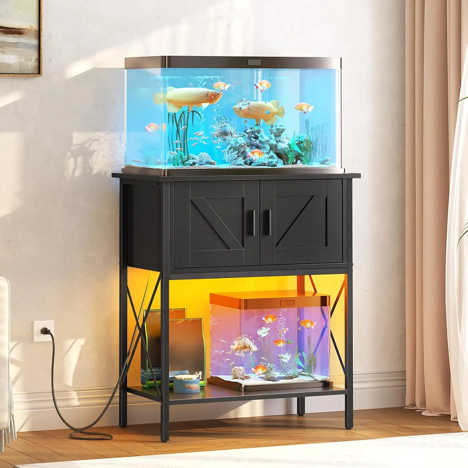 20 Gallon Fish Tank Stand with Power Outlets and LED Light, Metal Frame Aquarium Stand, Reptile, Turtle Tank Stand