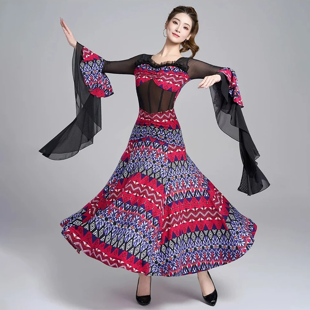 Women Ballroom Dance Dress Geometric Print Square Neck Flare Sleeve Waltz Social Practice Fall Winter Big Swing Costumes