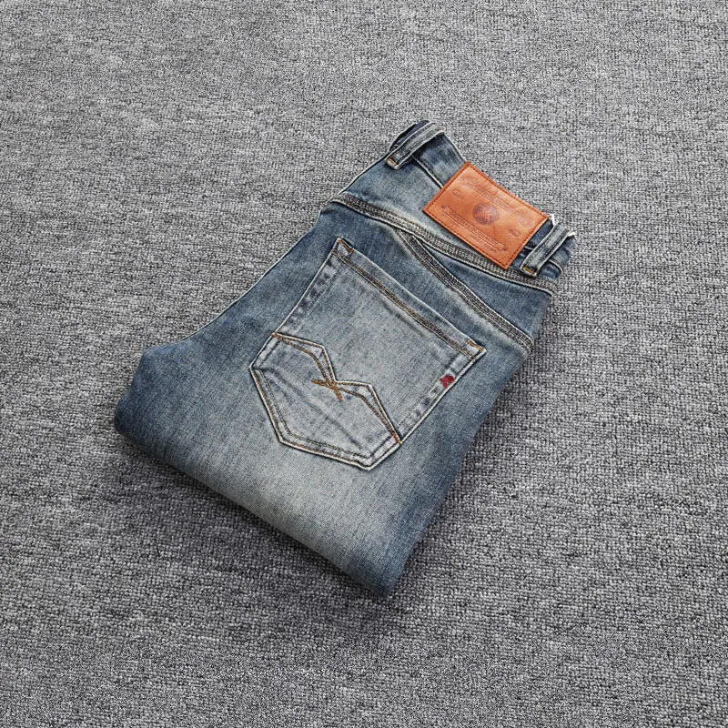 Newly Designer Fashion Men Jeans Retro Blue Stretch Slim Fit Hole Ripped Jeans Men Trousers Patchwork Vintage Denim Pants Hombre