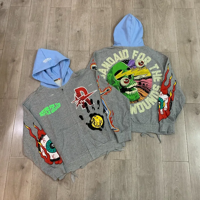Hot Drill Letters Rough Oversized Hoodie Men Women Color Blocking Splicing Casual Jackets