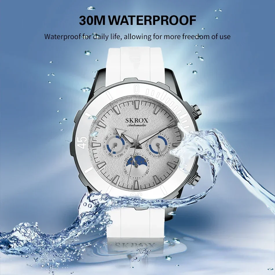 Высококачественные роскошные дизайнерские часы с автоматическим механизмом и фазой Луны, механические мужские часы для дайвинга, спортивные часы с резиновым ремешком, реплика белых мужских часов