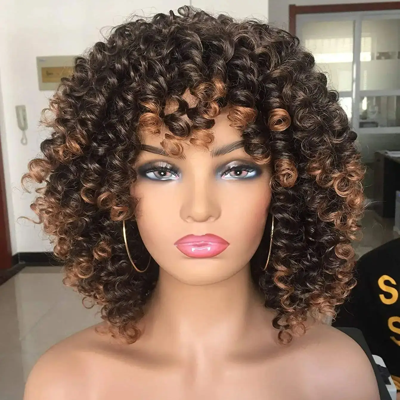 Short Curly Synthetic Wig for Black Women with Bangs Big Bouncy Fluffy  Heat Resist Soft Synthetic 2Tone Ombre Darkest Brown Wig