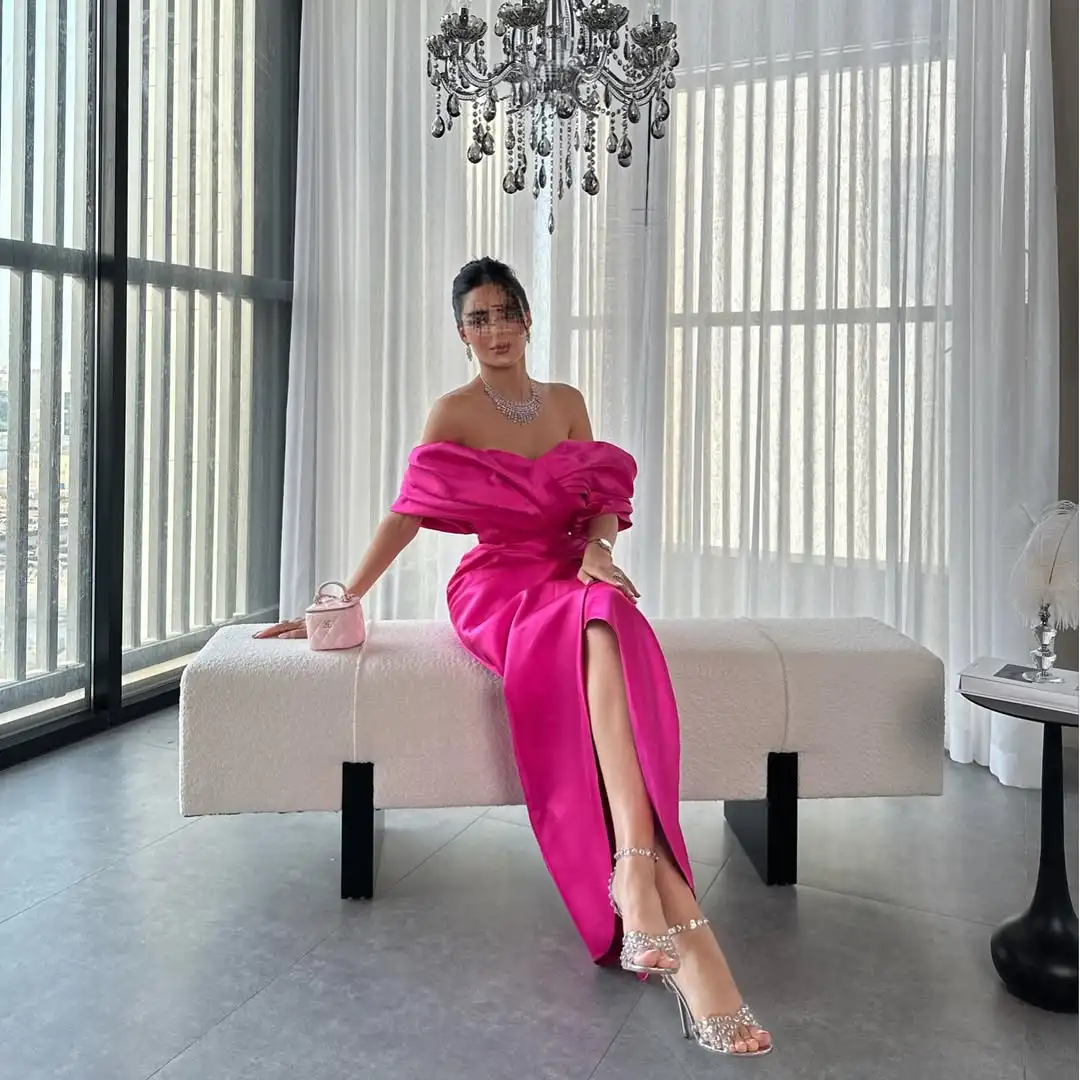 Abito da sera rosa caldo personalizzato con spalle scoperte 2025 Abito da cerimonia nuziale pieghettato Abiti formali per le donne Lunghezza caviglia di gala