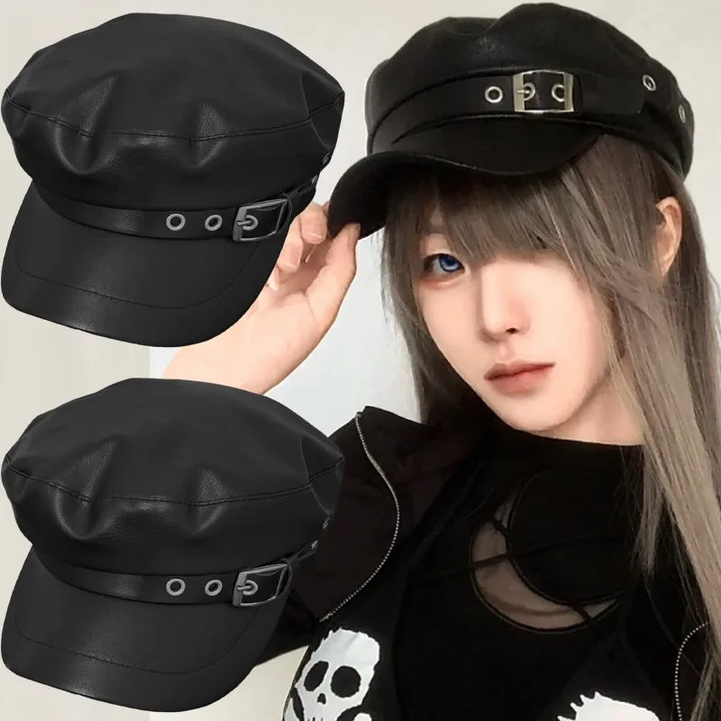 قبعة فنان عتيقة للنساء من جلد البولي يوريثان مع قبعة رسام بإبزيم قابل للتعديل للجنسين، أغطية رأس قوطية كاجوال للخارجية