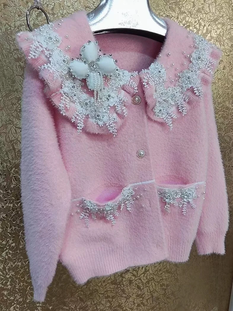 女性用フェイクファーカーディガンコート,ビーズダイヤモンド,タッセル,花の刺embroidery,ニットジャケット,厚手のコート,暖かいセーター,アウター,冬,2024