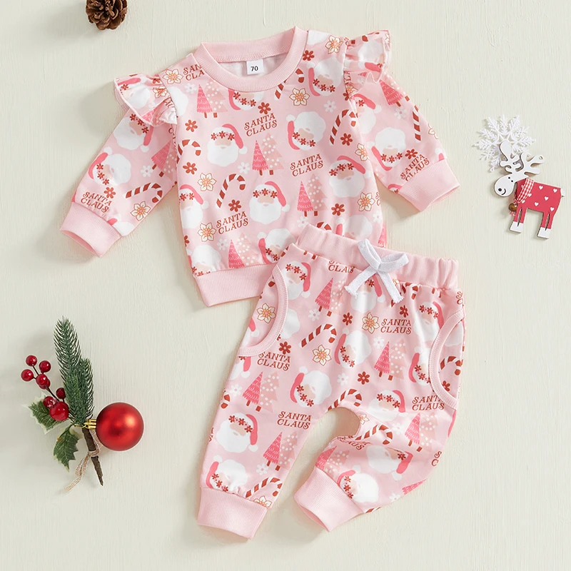 Toddler Girls Christmas Sets All-over Santa Print Ruffled Long Sleeve Sweatshirt Long Pants Outfits