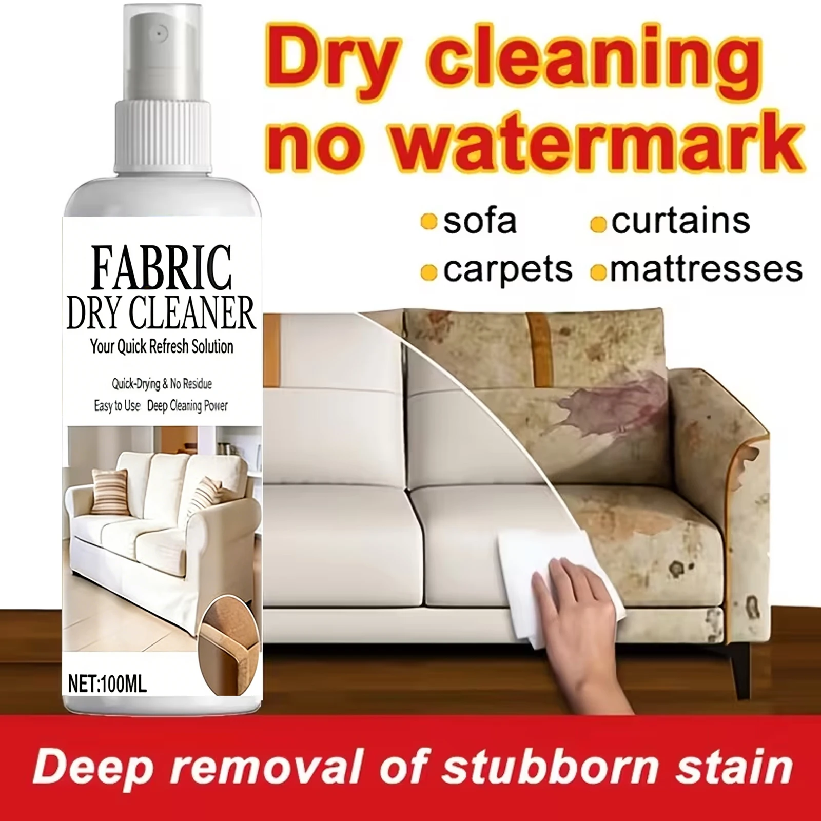 100ML Fabric Dry Cleaner Spray Quick-Dry Stain Remover for Upholstery Carpet Car Seats & Furniture No Residue Easy to Use