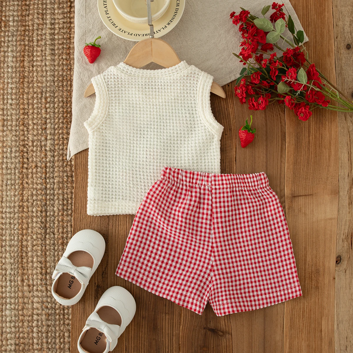 2Pc/Set Baby Girl Set Summer Cotton Strawberry Sleeveless Top Plaid Shorts Girl Sets Sweet And Cute Beach Baby Girl Clothing