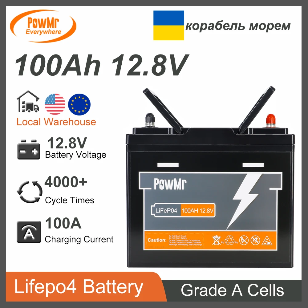 PowMr 1280KW 12.8V 100Ah Lifepo4 Battery Discharging Current 100A More than 6000 Cycles A Grade Cells Max in Parallel 4 Units