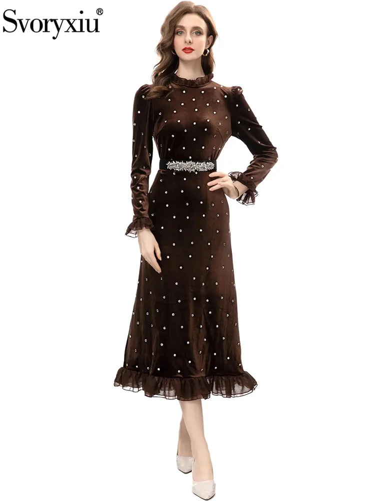 

Svoryxiu Fashion Designer Autumn Dark Brown Vintage A-Line Midi Dress Women's Flounces Collar Crystal Belt High Waist Dress
