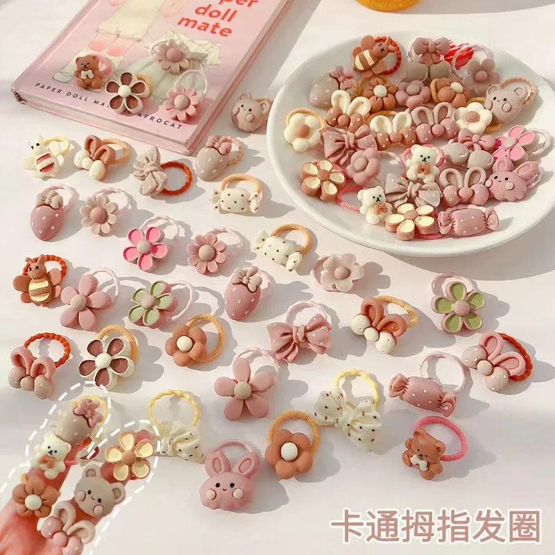 20Pcs Set Baby\'s Cute Mini Hair Loops Set Baby Bear and Flower Hair Bands Set Hair Loop Small Sweet High Elastic 2cm Diameter