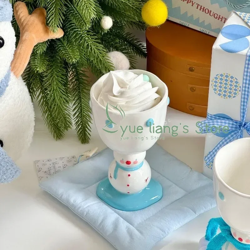 Adorable Blue Snowman Gift Cup for Girlfriend, Hand-Painted Underglaze Color Ice Cream Ceramic Mug