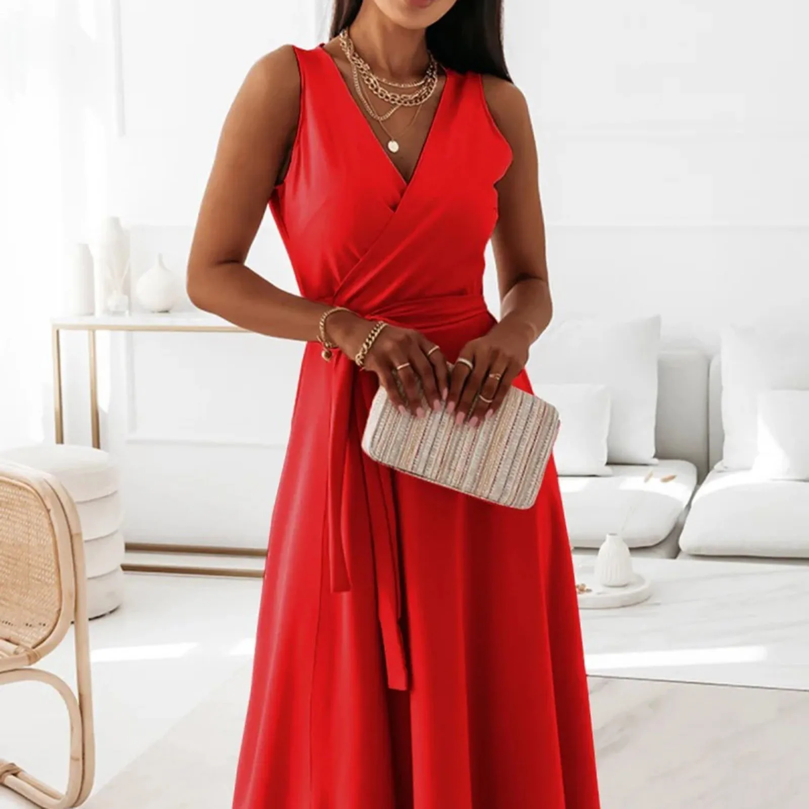 Elegant Sleeveless Neck Long Dress With Waist Tie For Women Perfect For Evening Dresses For Women 2024 Elegant Party Dress