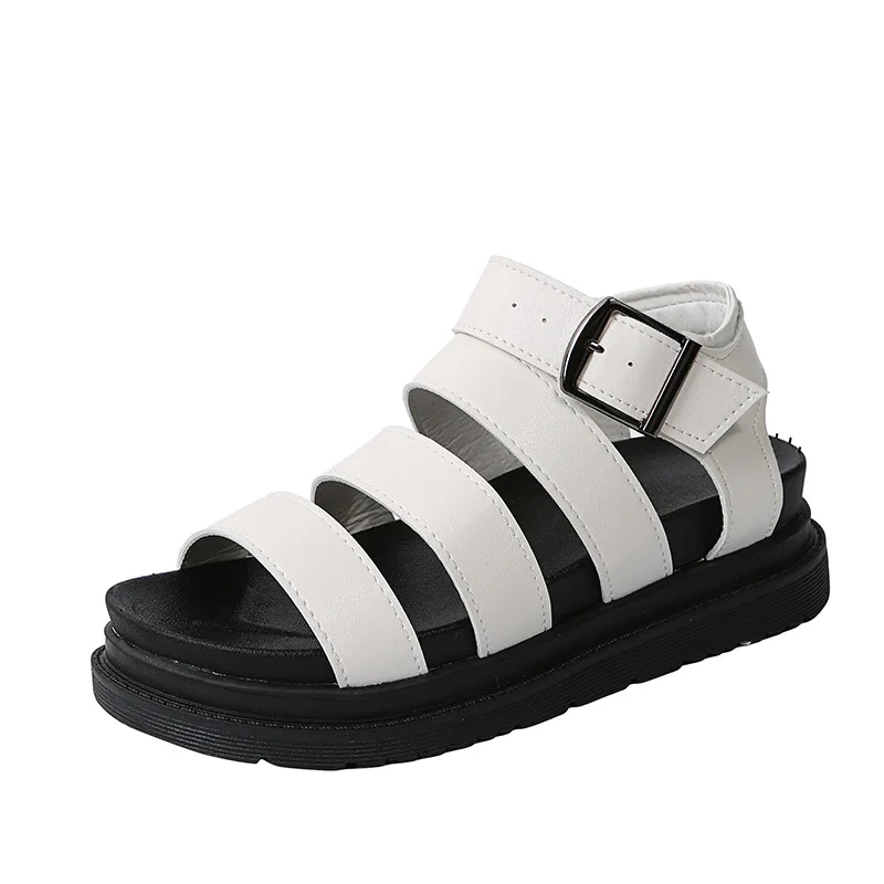 Roman sandals thick-soled Leather Summer 2023 new beach flat muffin platform shoes women's metal buckle black women's sandals