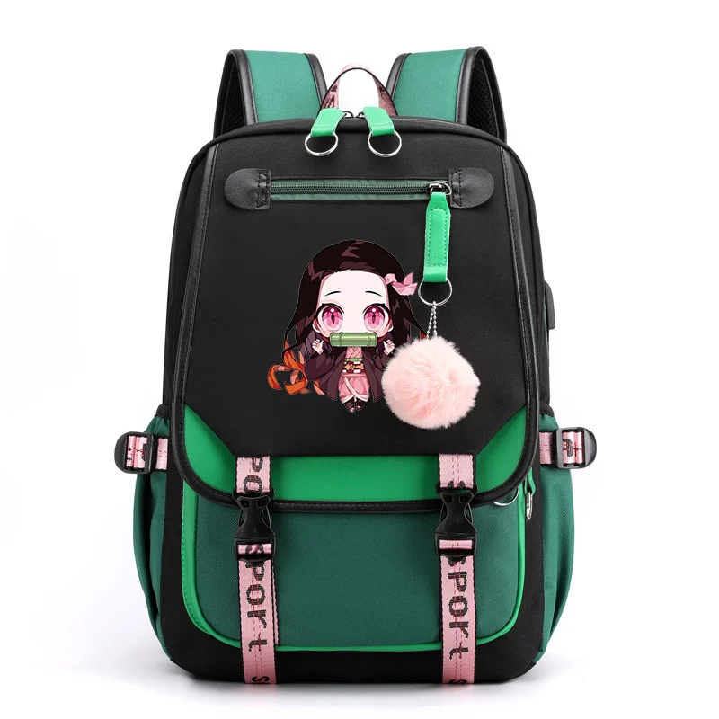 Cute Kamado Nezuko Pattern Backpack New Teen Casual Anime Backpack Kamado Nezuko Backpack USB Zipper Backpack