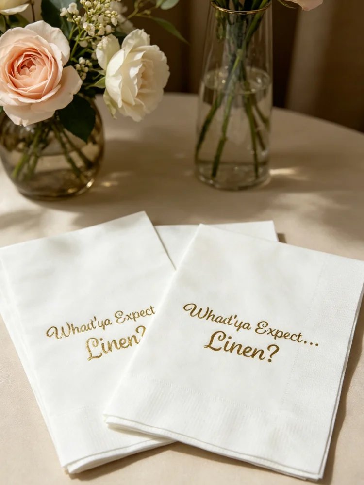Personalized Custom Foil Stamped Whad'ya Expect Linen? Disposable Paper Guest Hand Towels Multi Colors Multi Sizes Monogram